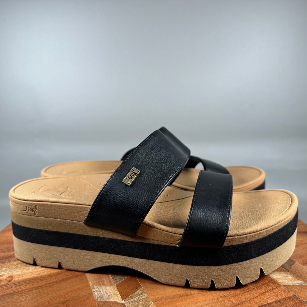 Reef Banded Horizon 2.5 Womens Black Tan Platform Slide Sandals Size 9